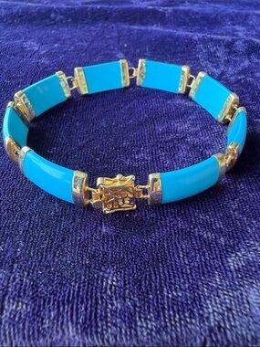 18K gold plated link bracelet with safety latch, turquoise color